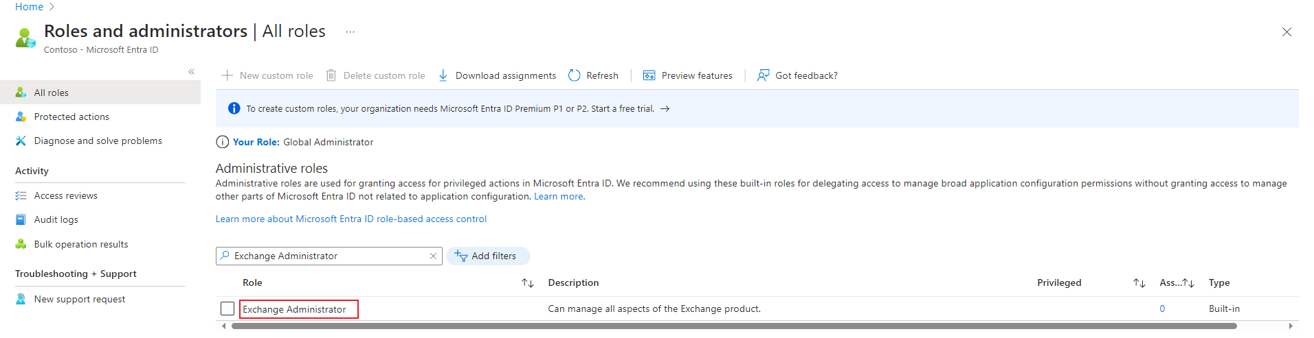 Clicking the Exchange Administrator role. Clicking the Exchange Administrator role.