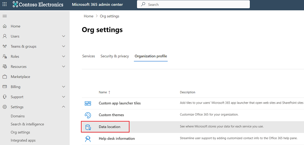 Clicking Data location.