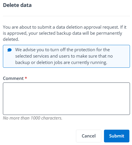The Delete data confirmation window.