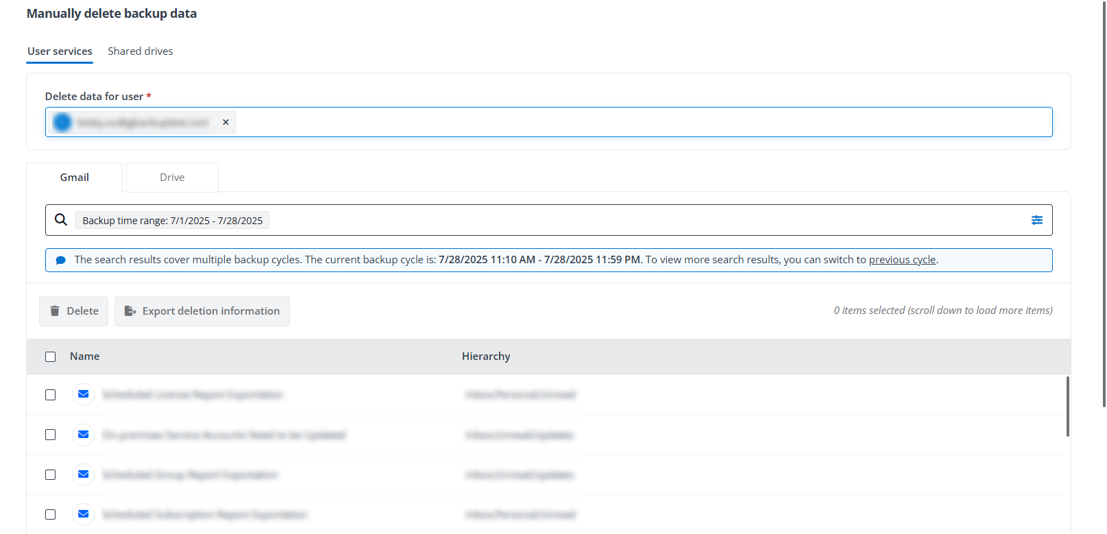 The Manually delete backup data page.