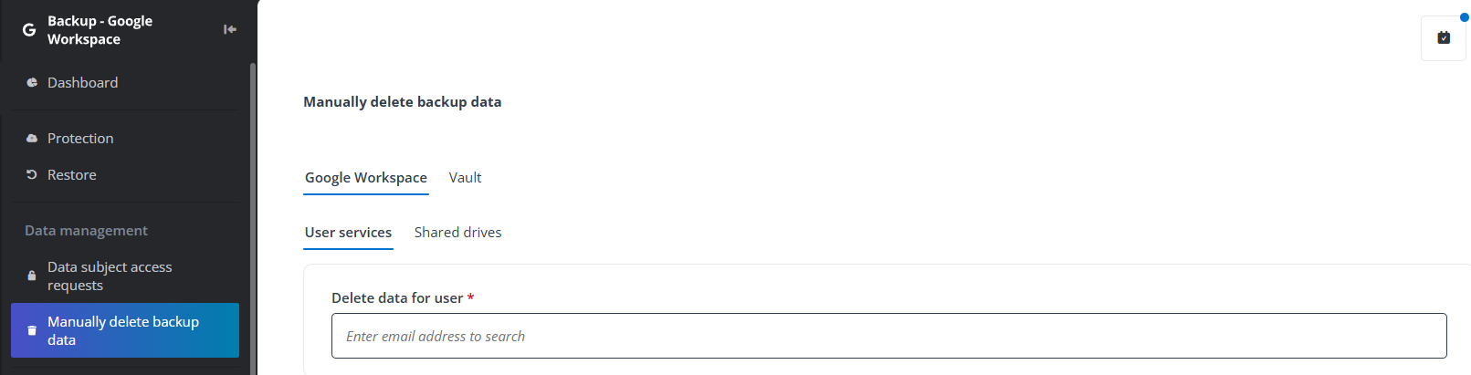 The Manually delete backup data page.