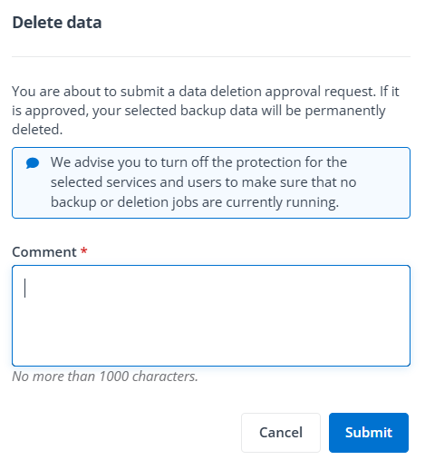 The Delete data confirmation window.