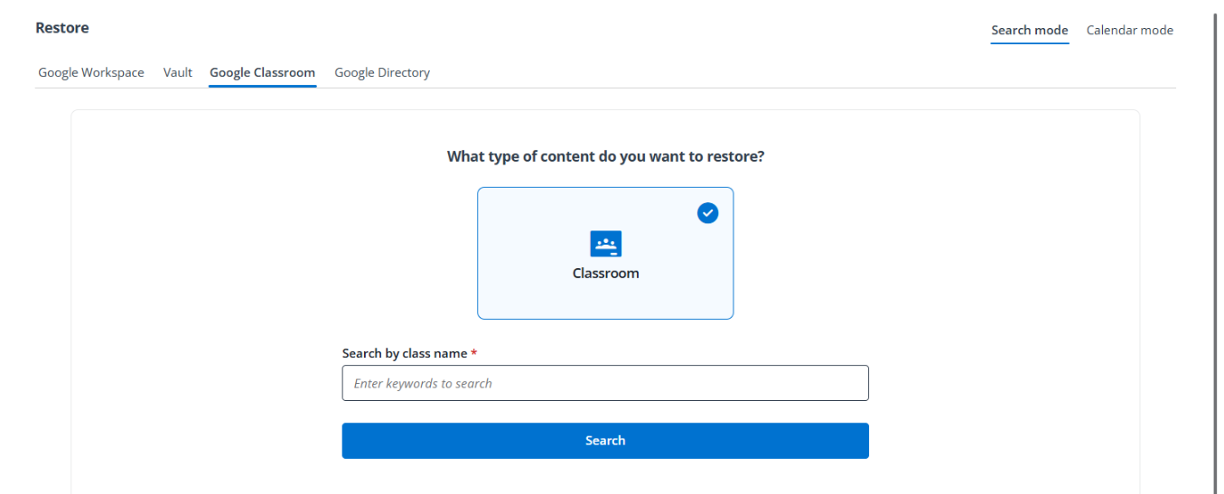 Using the Search mode to select backup data.