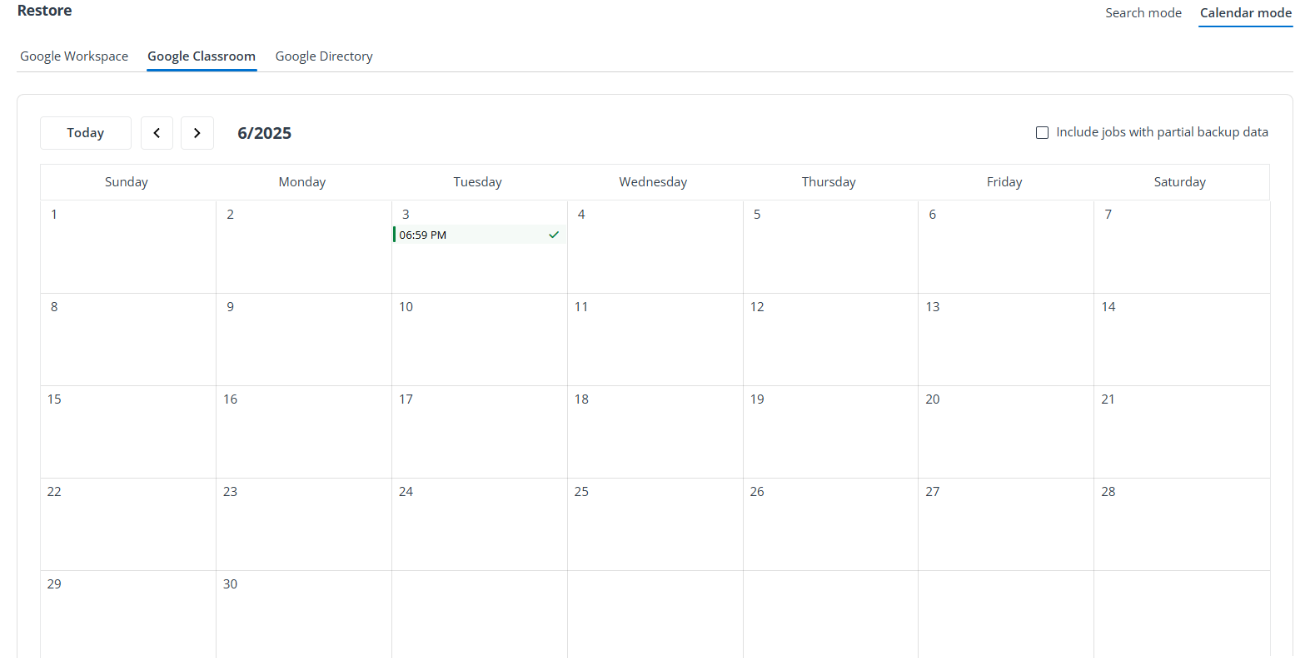 Using the Calendar mode to select backup data.