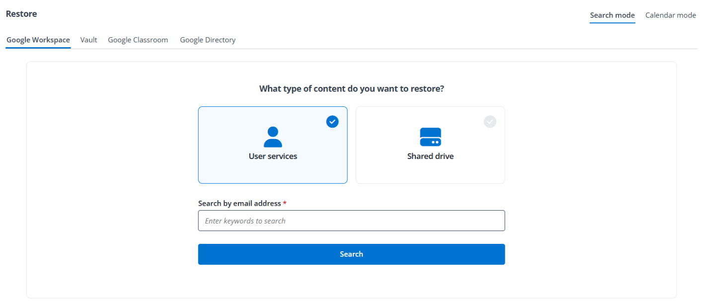Using the Search mode to select backup data.