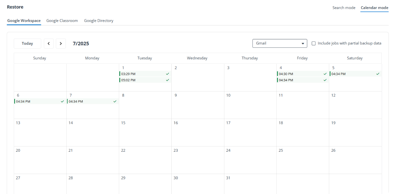 Using the Calendar mode to select backup data.