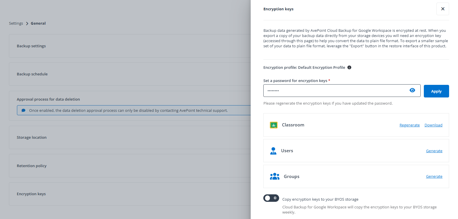 The Encryption keys panel. The Encryption keys panel.