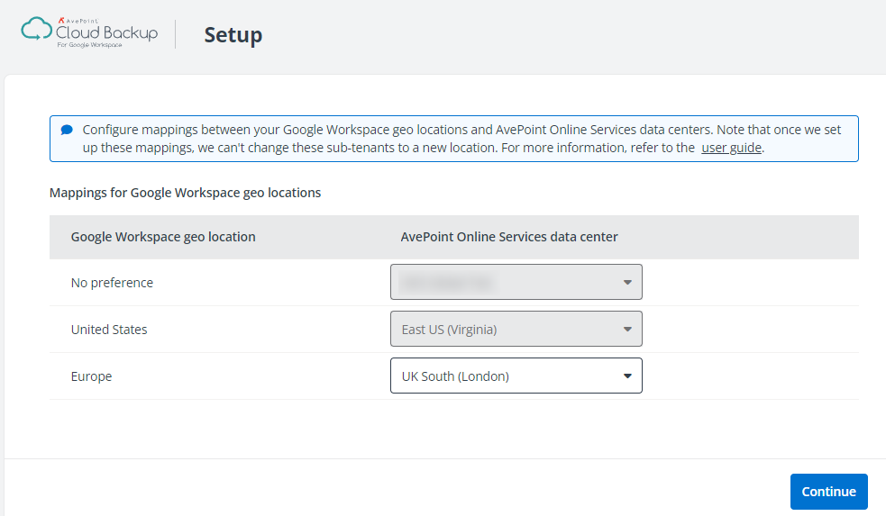 Mapping Google Workspace geo locations to AvePoint Online Services data centers. Mapping Google Workspace geo locations to AvePoint Online Services data centers.