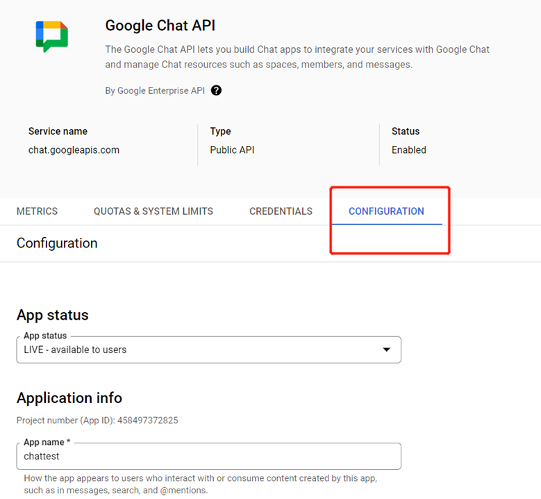 Configure the app information under its CONFIGURATION tab. Configure the app information under its CONFIGURATION tab.