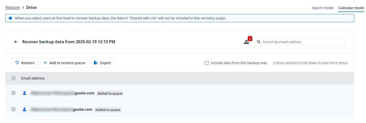Adding users to the restore queue. Adding users to the restore queue.