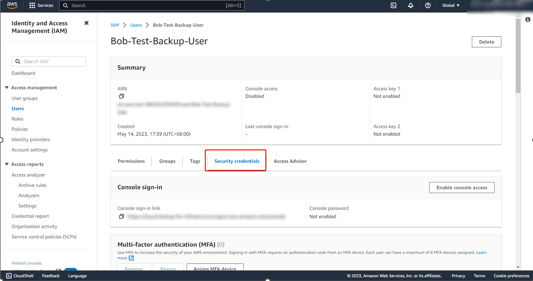 The Security credentials tab.