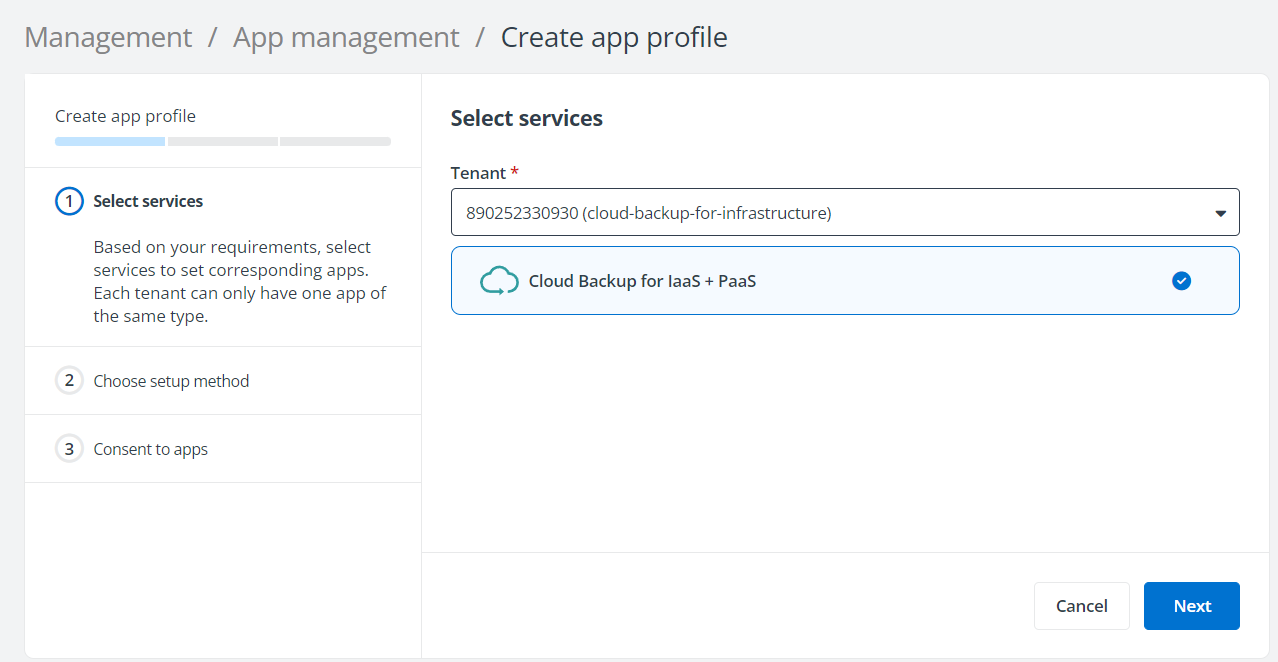 The Select services step for creating an app profile.