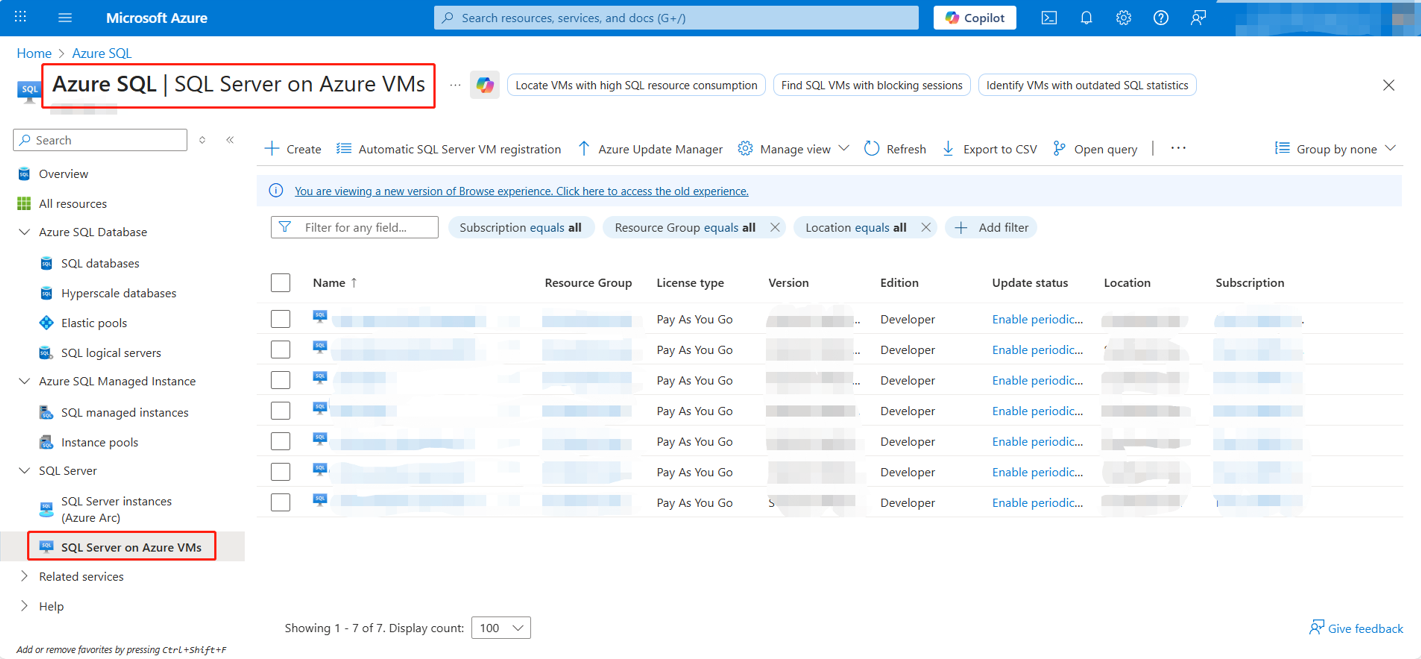 The SQL Server on Azure VMs page.