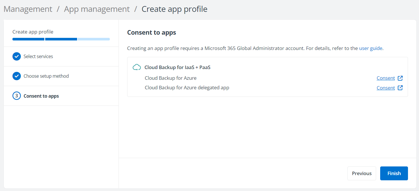 The Consent to apps step in the Create app profile wizard.