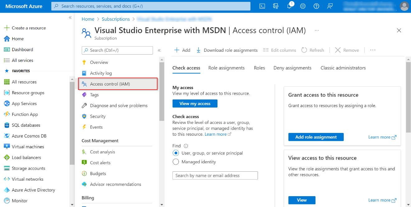 Click Access control (IAM) on the left pane. Click Access control (IAM) on the left pane.