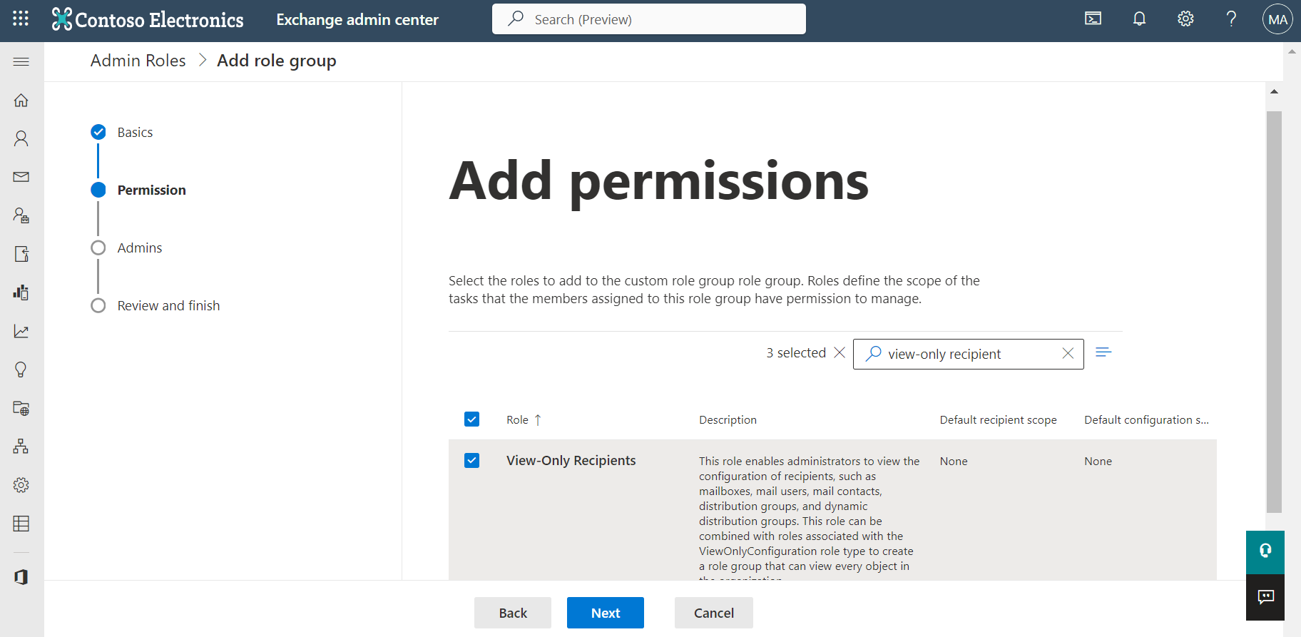 Add permissions to the role group. Add permissions to the role group.