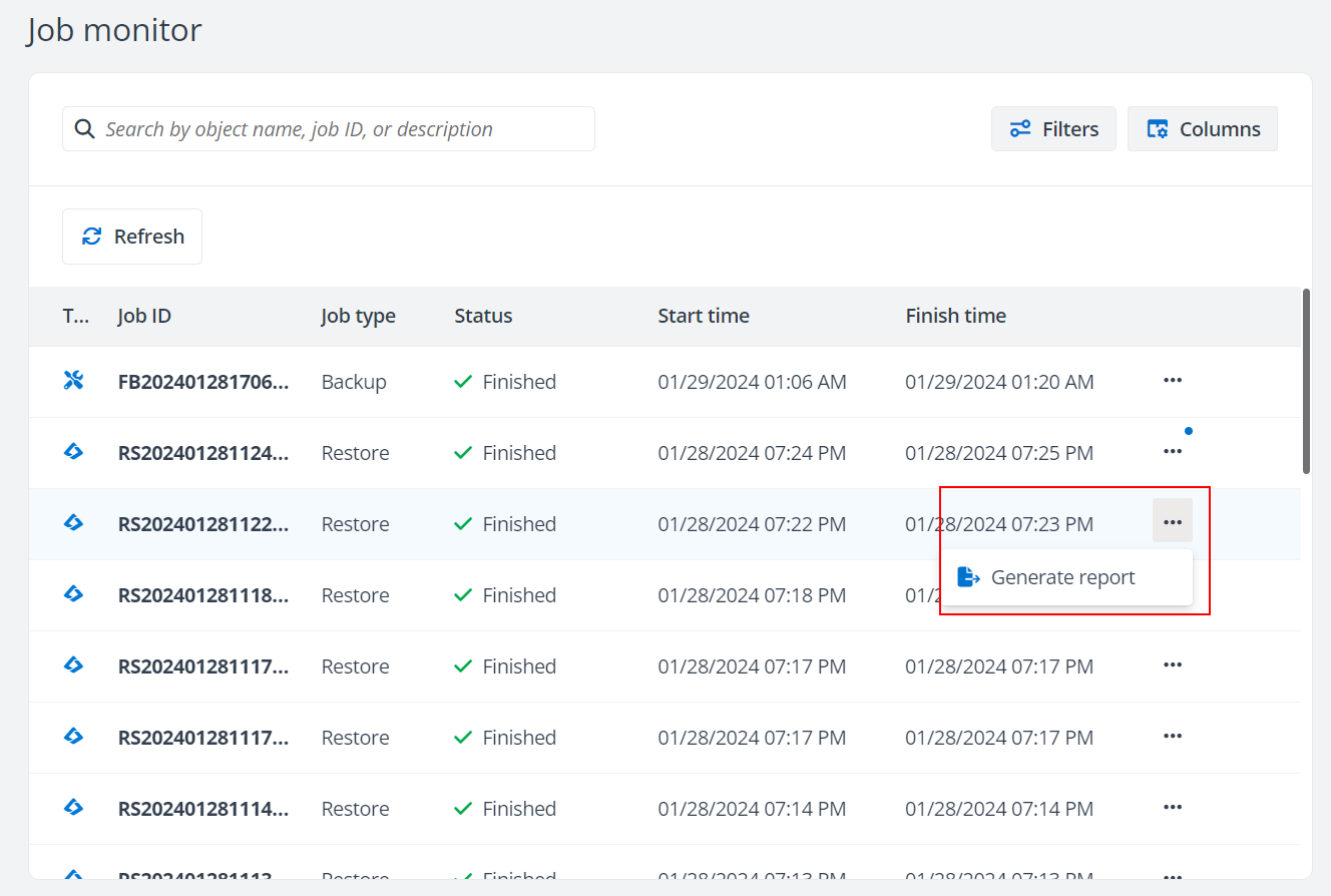 The Generate report action.