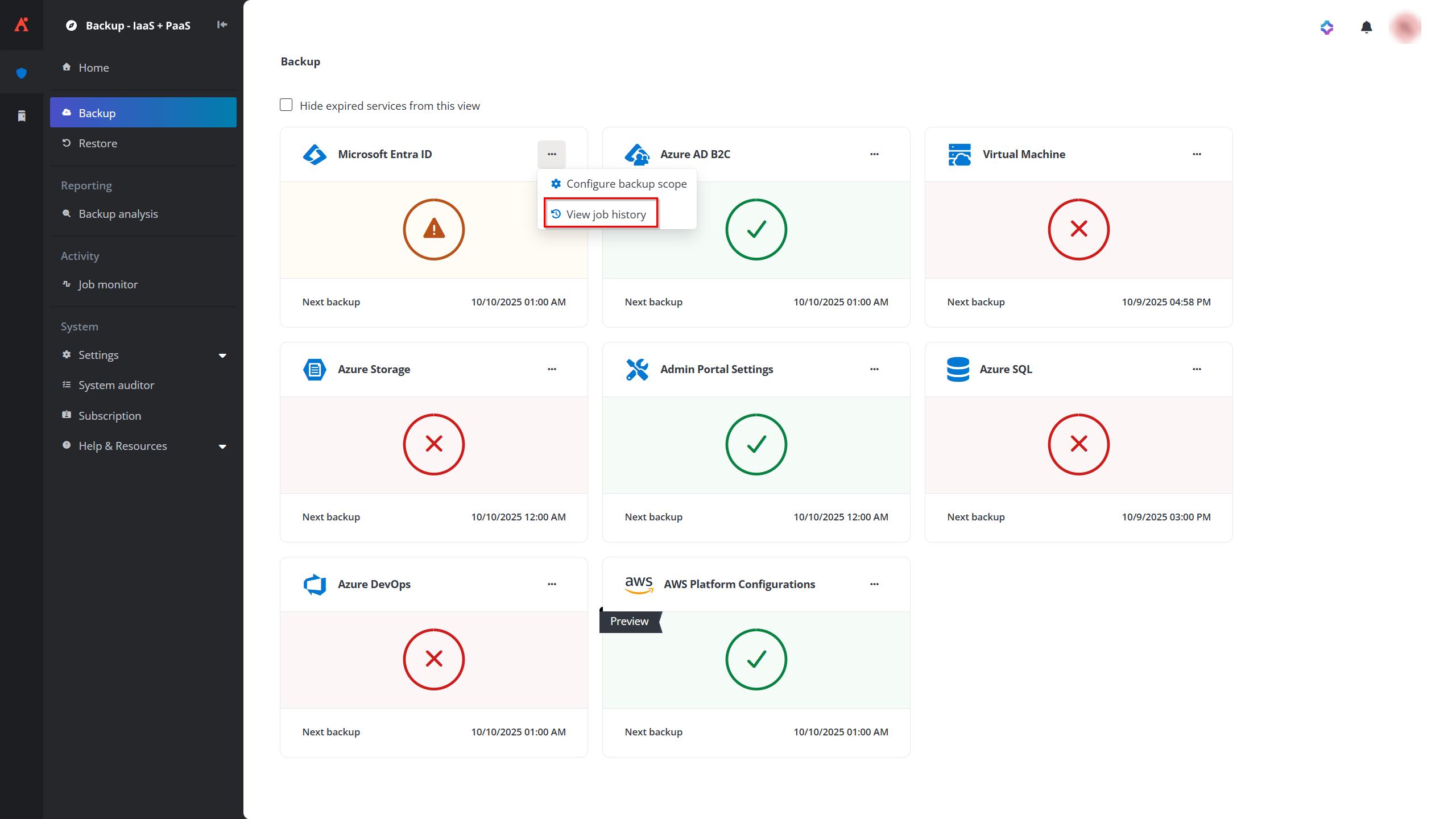 The View job history option. The View job history option.