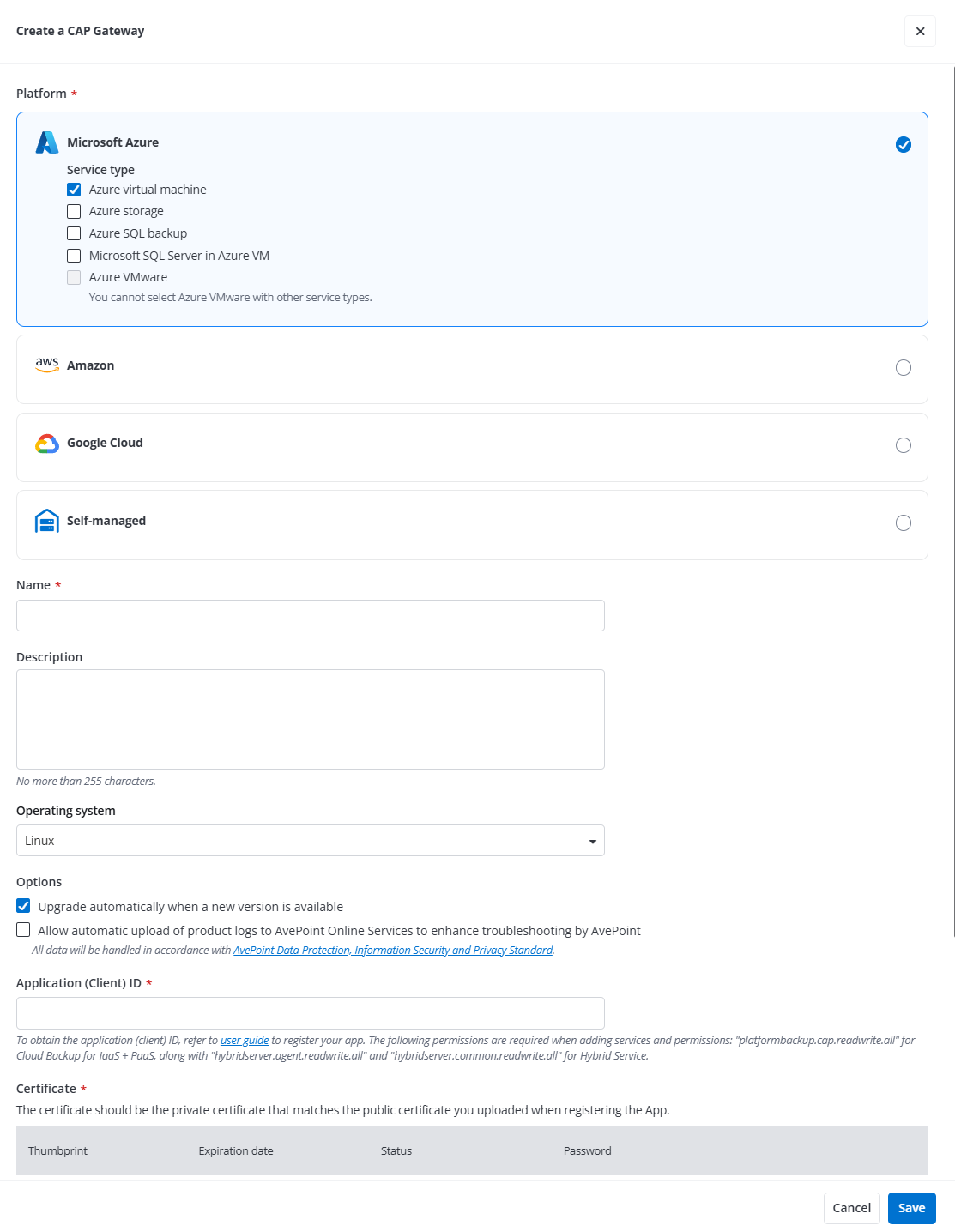 The Create a CAP Gateway panel.