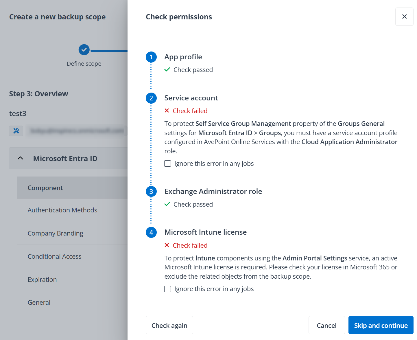 The Check permissions panel. The Check permissions panel.