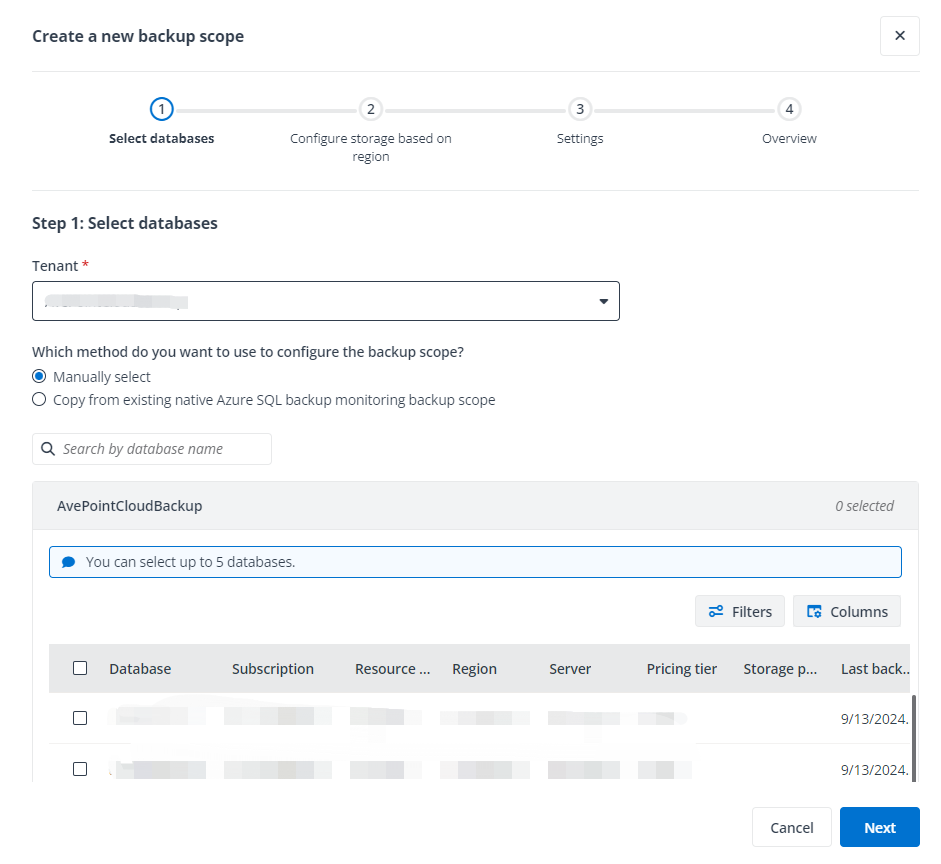 The Select databases step. The Select databases step.