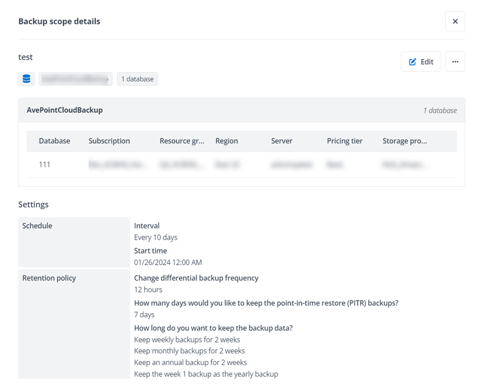 The Backup scope details panel for Azure SQL.