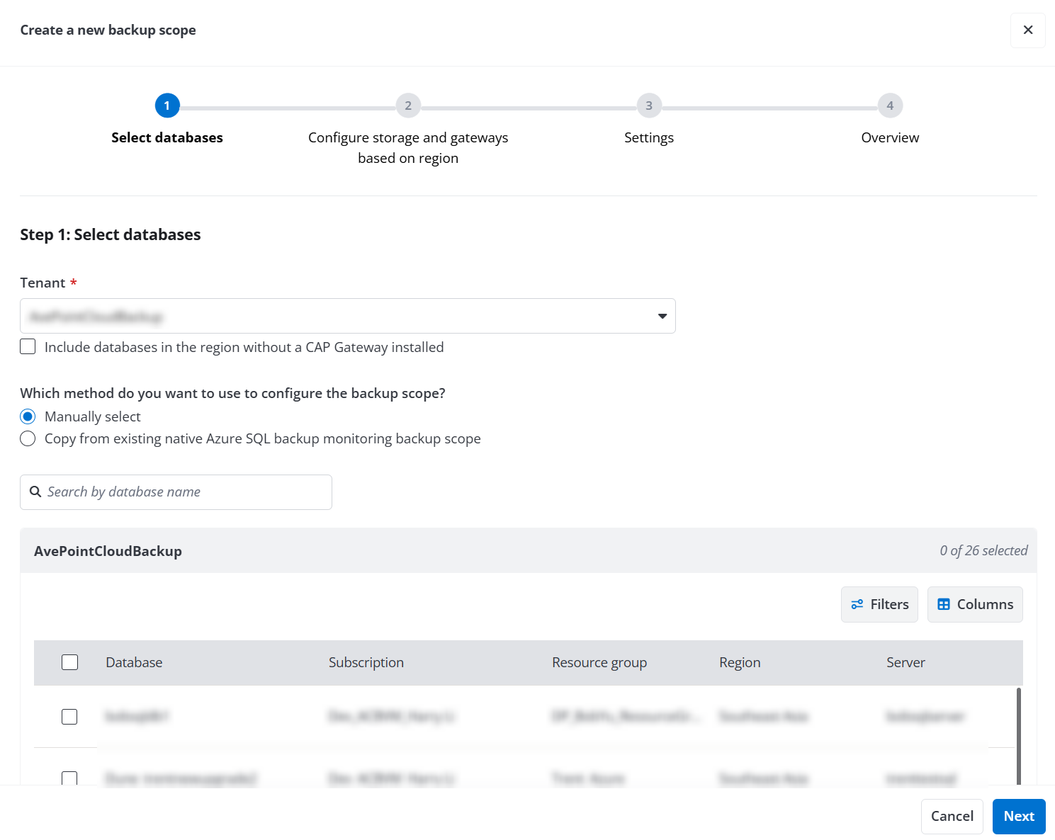 The Select databases step.