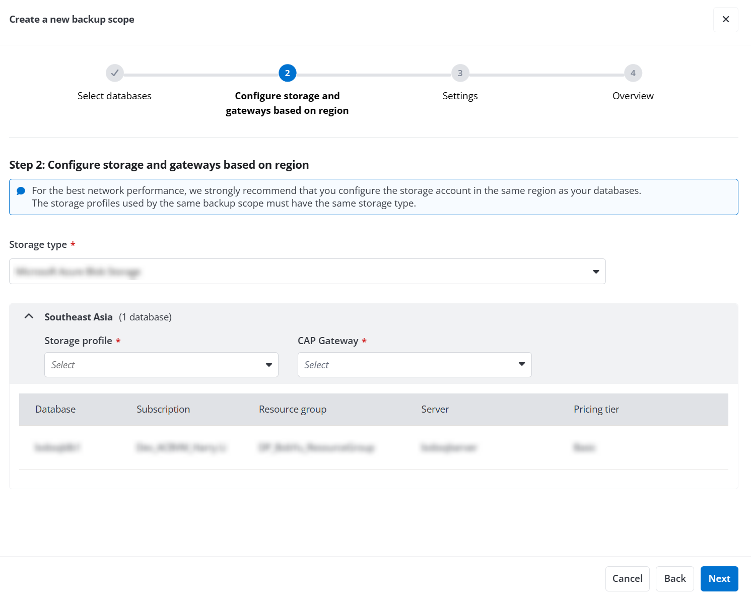 The Configure storage based on region step.