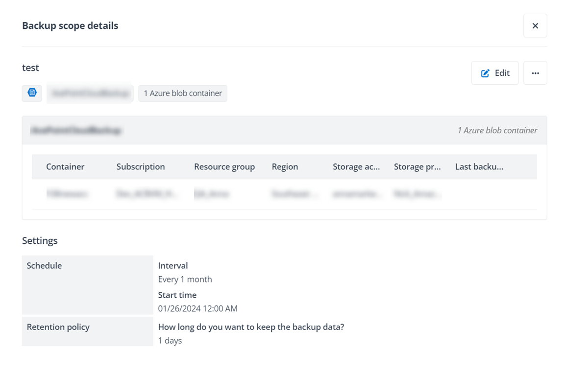 The Backup scope details panel for Azure Storage.