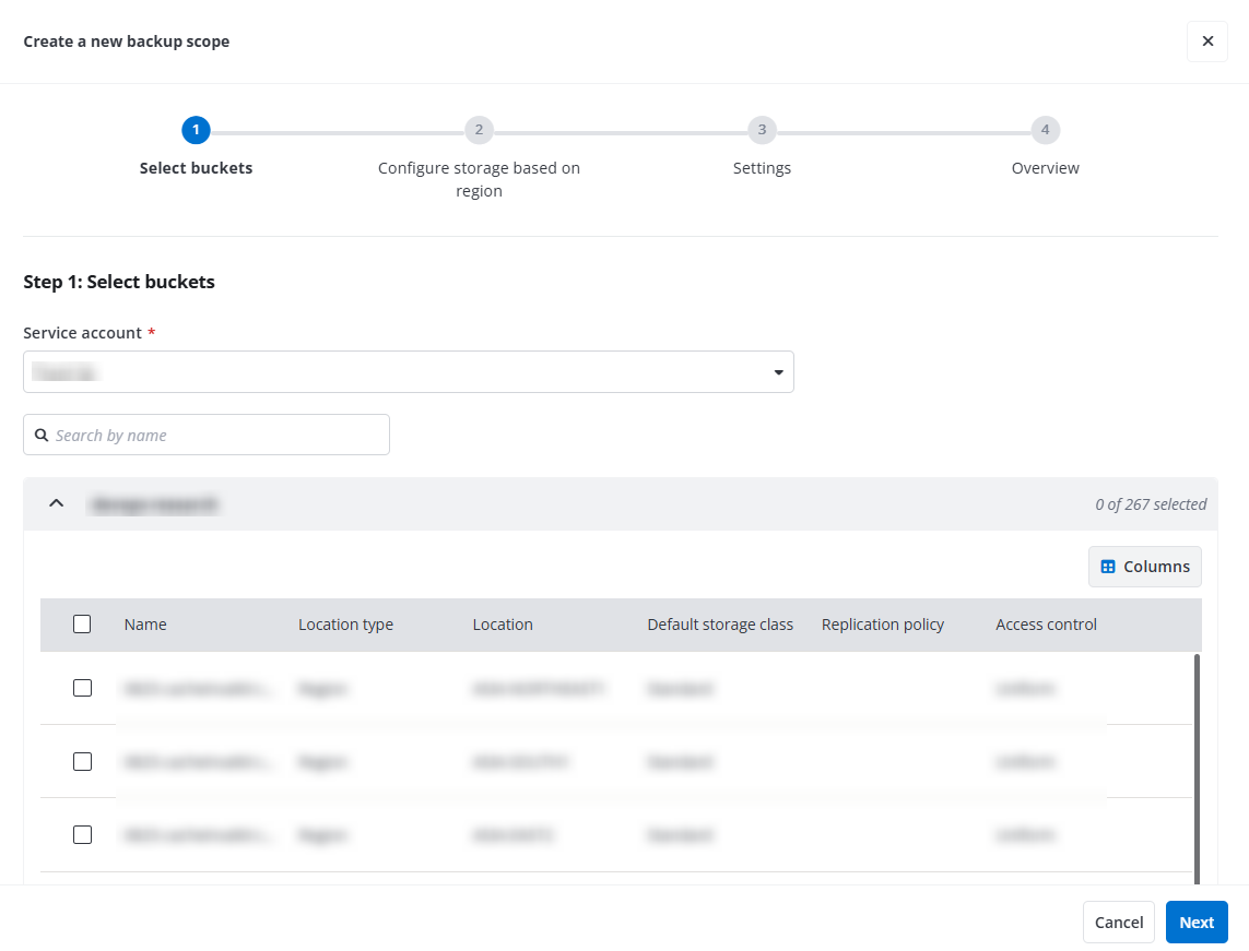 The Select buckets step for Manually select method.