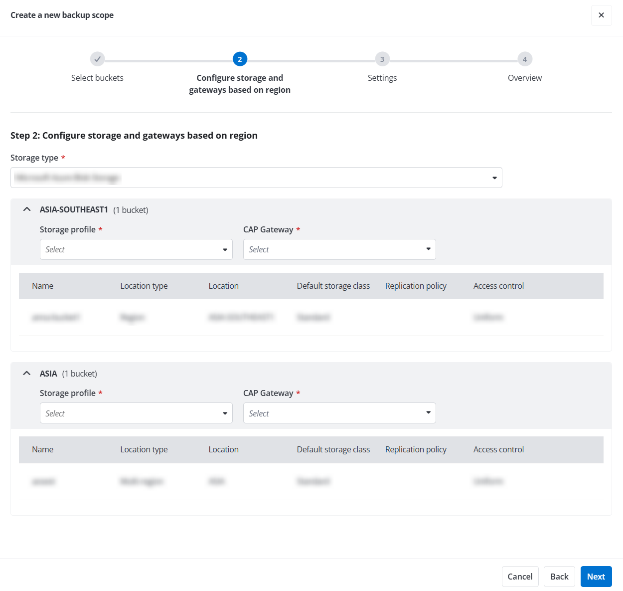 The Configure storage and gateways based on region step.