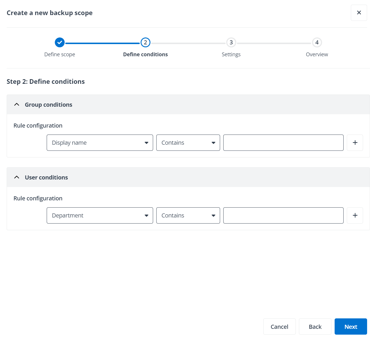 The Define conditions step. The Define conditions step.