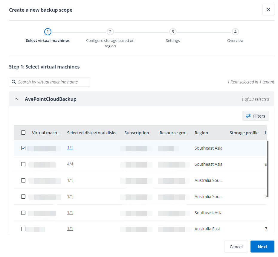 The Select virtual machines step for Manually select method.