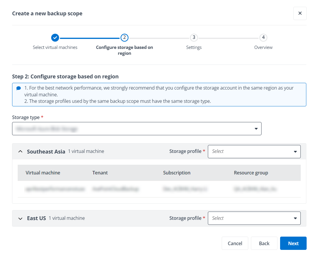 The Configure storage based on region step.
