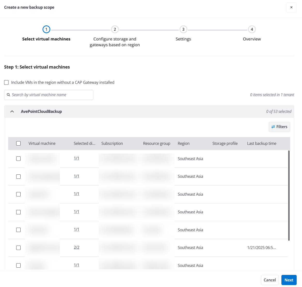 The Select virtual machines step.