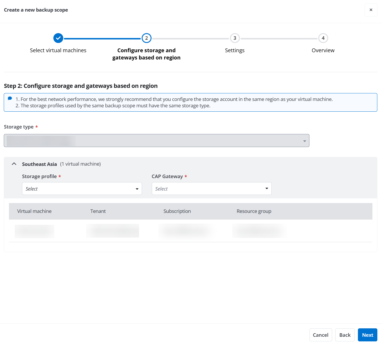 The Configure storage and gateways based on region step.