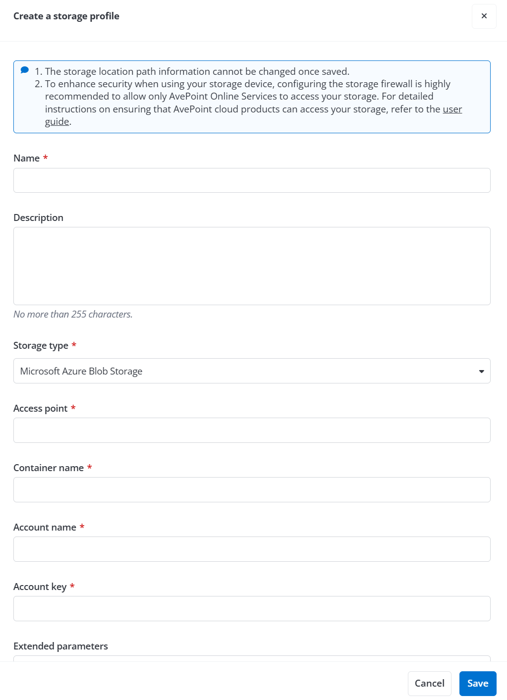The Create a storage profile panel.