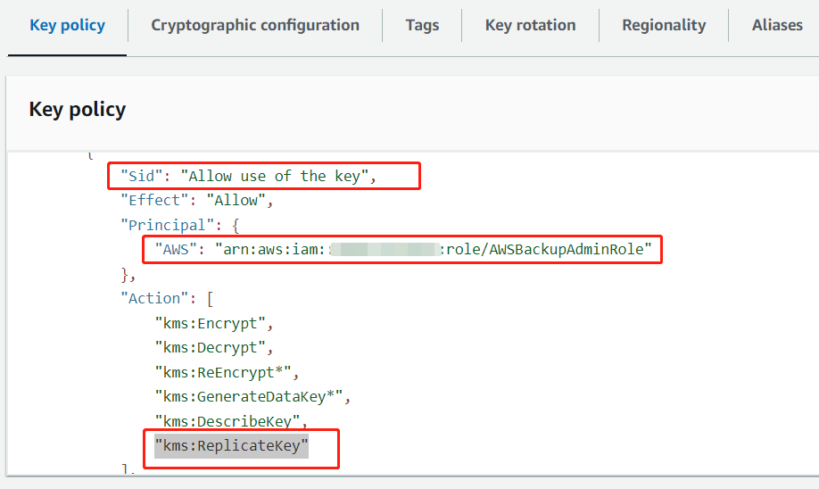 Add the "AWSBackupAdminRole" and the "kms:ReplicateKey" permission.