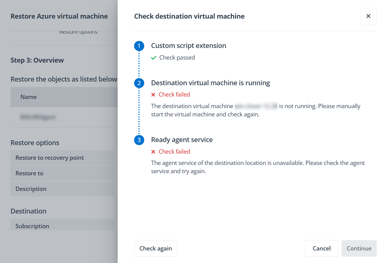 The Check destination virtual machine panel.