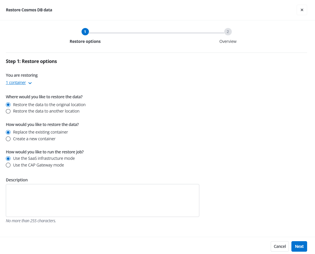 The Restore options step.