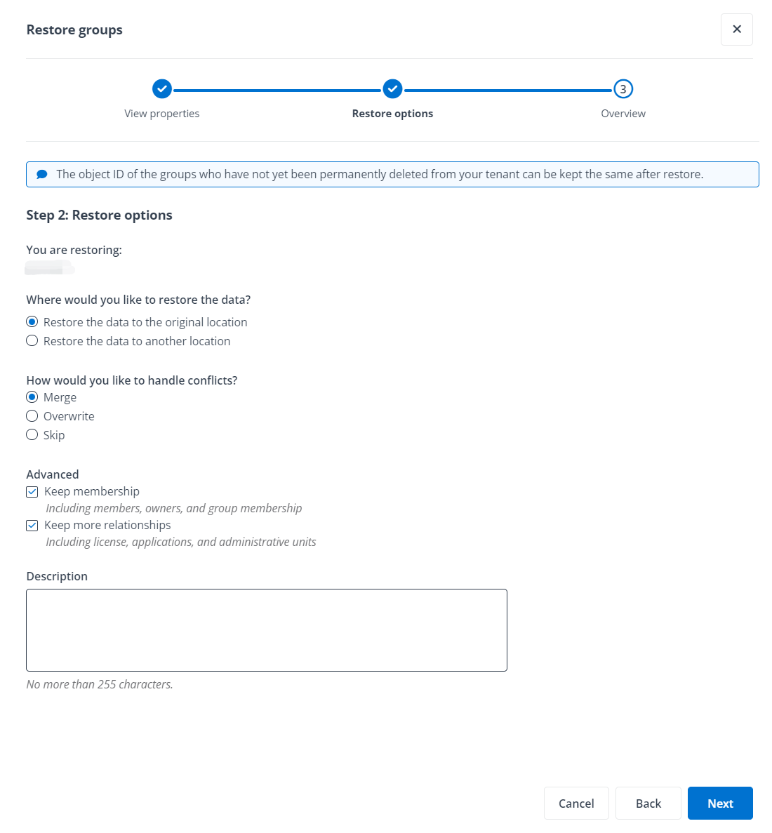 Step 2: Restore options for restoring groups.