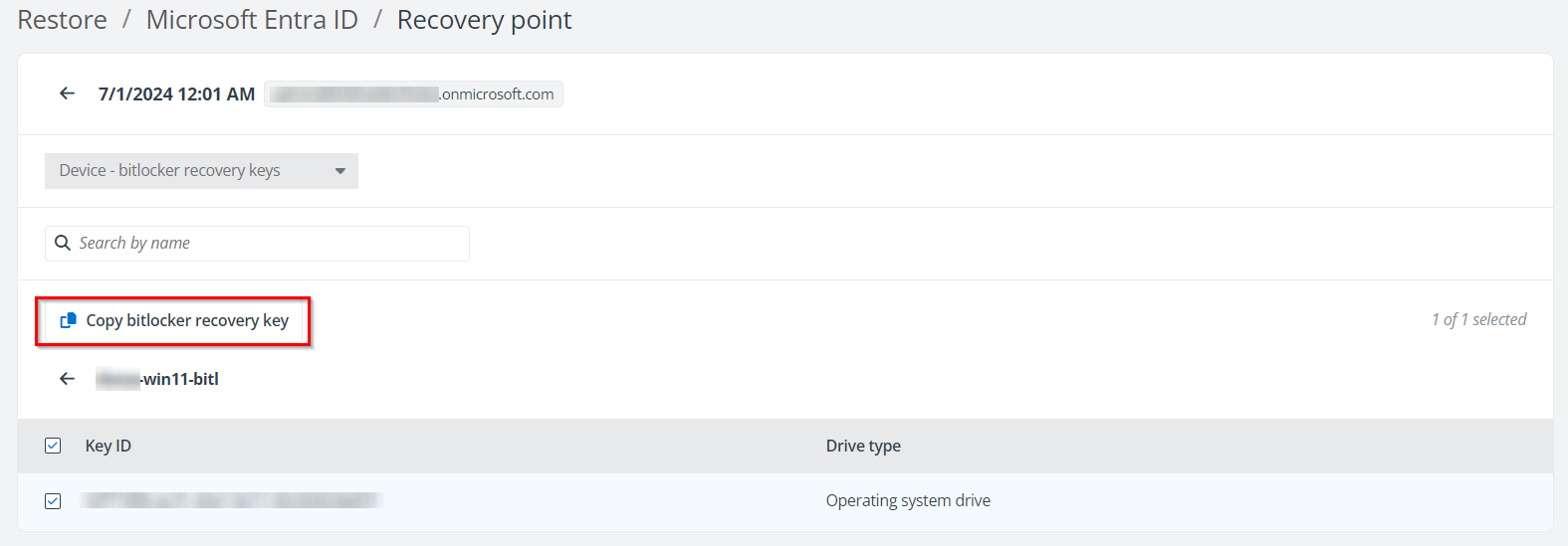The Copy bitlocker recovery key button. The Copy bitlocker recovery key button.