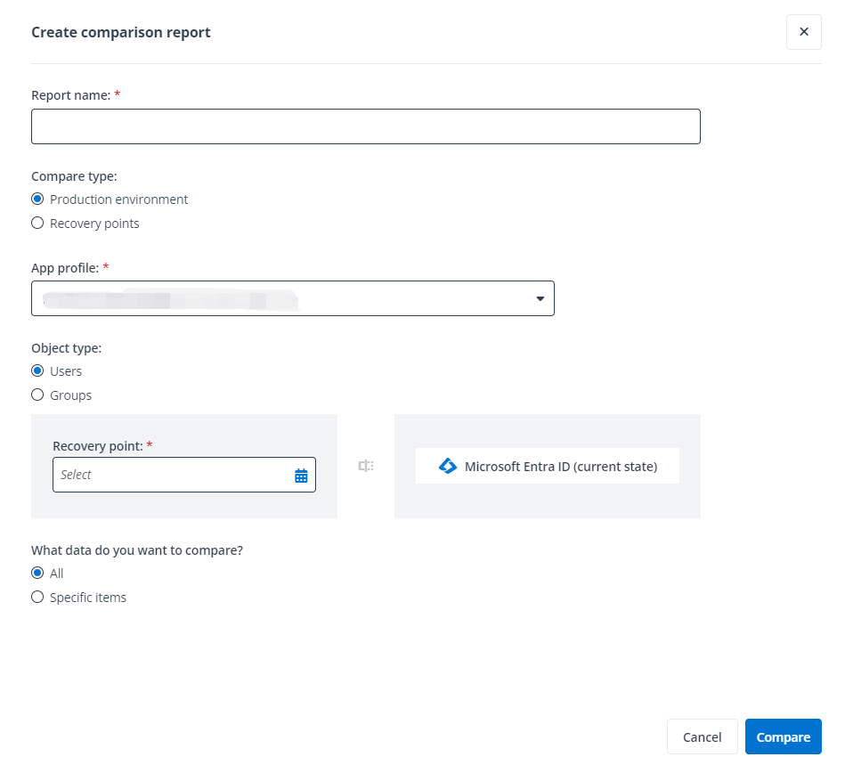 The Create comparison report panel.