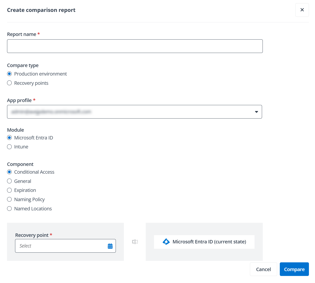 The Create comparison report panel.