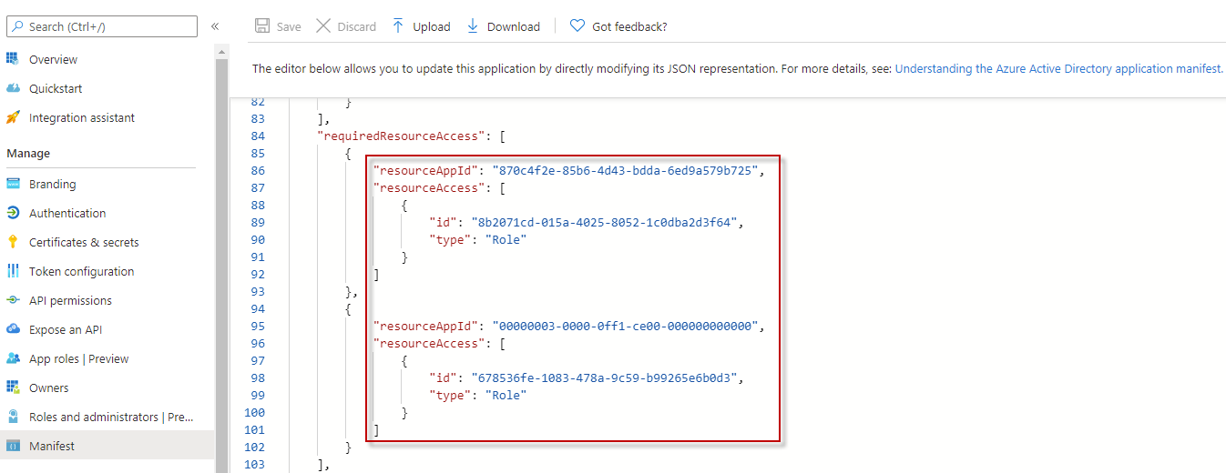Granting permissions on the Manifest page.