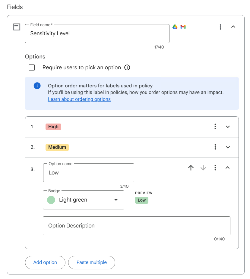 Add three options for the field.