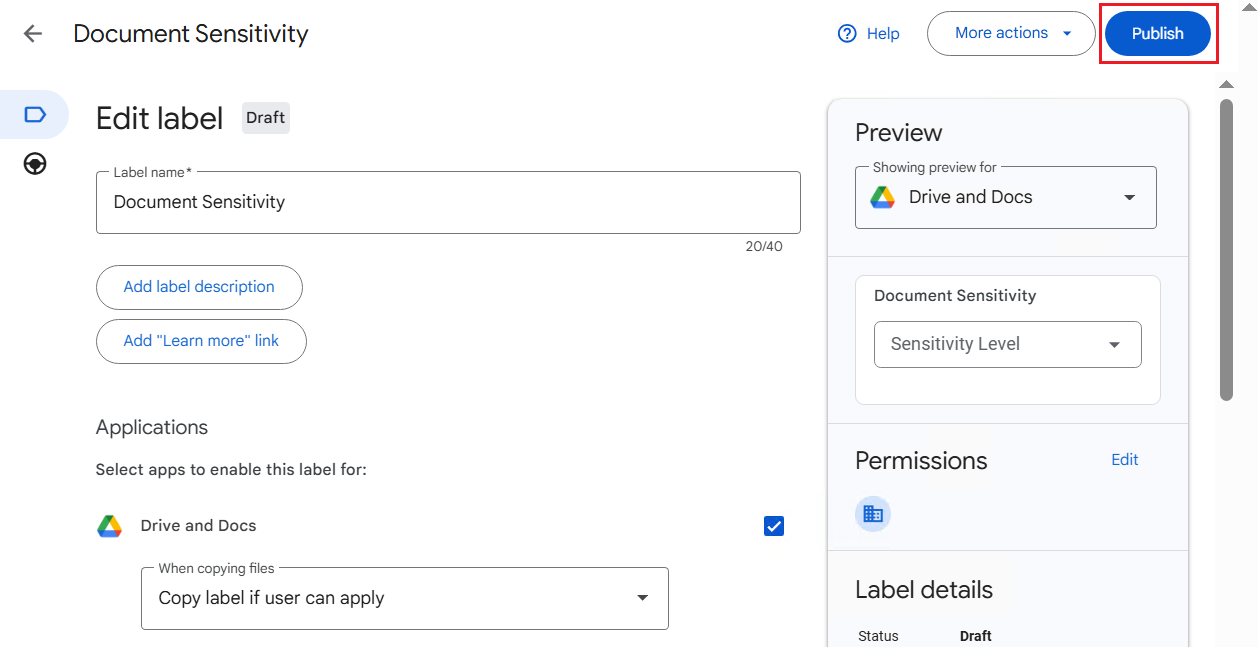 Click Publish to publish the label.