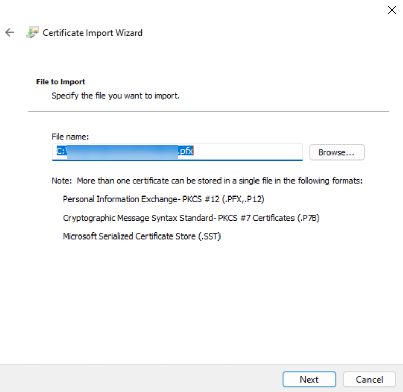 Select PFX file. Select PFX file