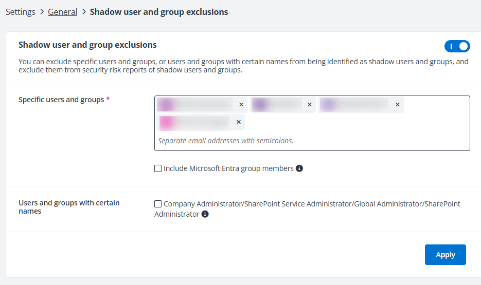 Shadow user and group exclusions page.