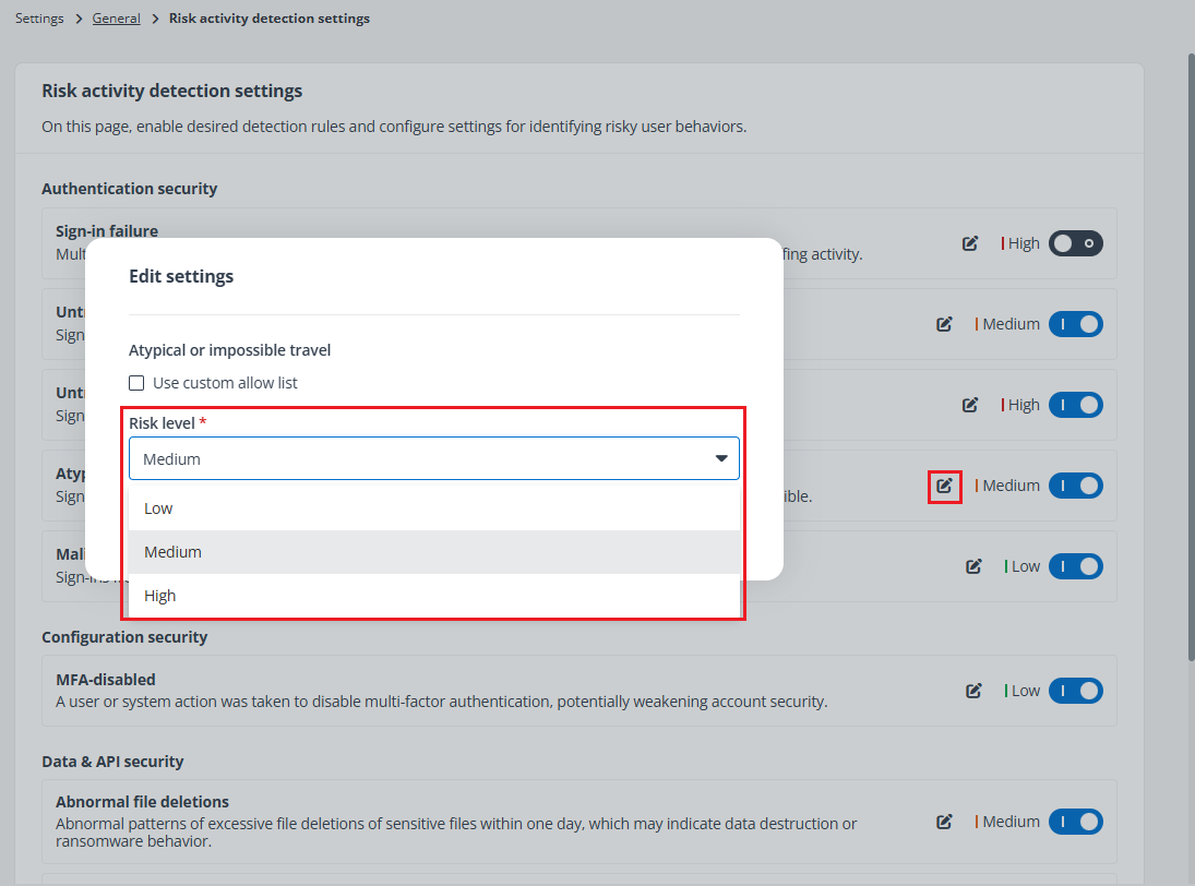 Edit settings window.